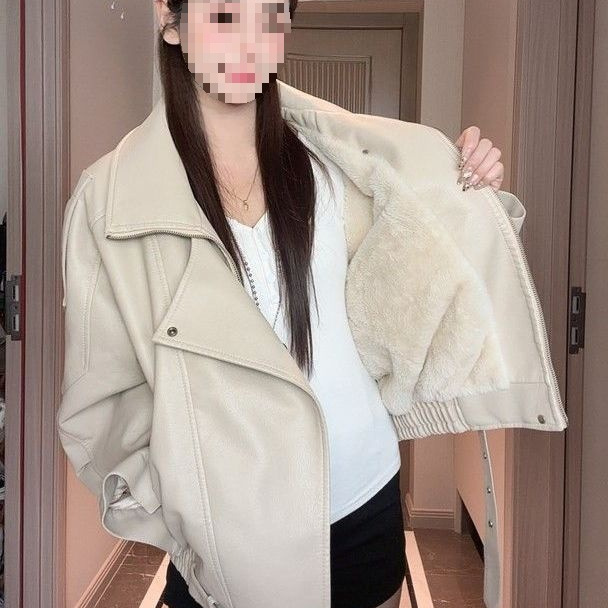Fleece-Lined Thickened Autumn and Winter New Leather Jacket for Women, Hong Kong Style Versatile Leather Jacket, Korean Style Loose Biker Jacket