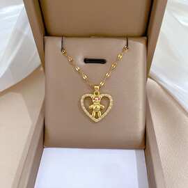 爱心红眼小熊轻奢气质华丽满钻项链女百搭锁骨链钛钢链条