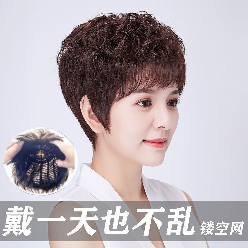 Lightweight Breathable Hollow Mesh Headset Women's Wig Real Hair Middle-aged Short Curly Hair Fluffy Good Hair Sleeve