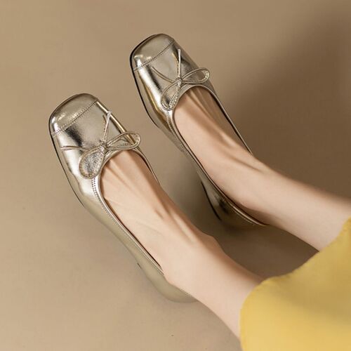 Spring and autumn bow flat silver single-layer shoes. 2025 popular square head and shallow mouth all-match chanel style shoes