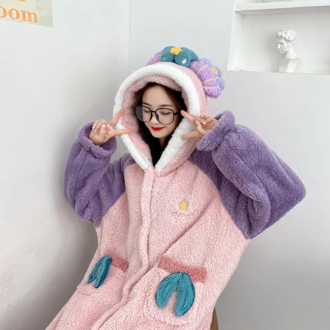 Winter Cute Mini Beauty Yu Series Velvet Thickeneded and Longed Women's Nightgown Home Clothes