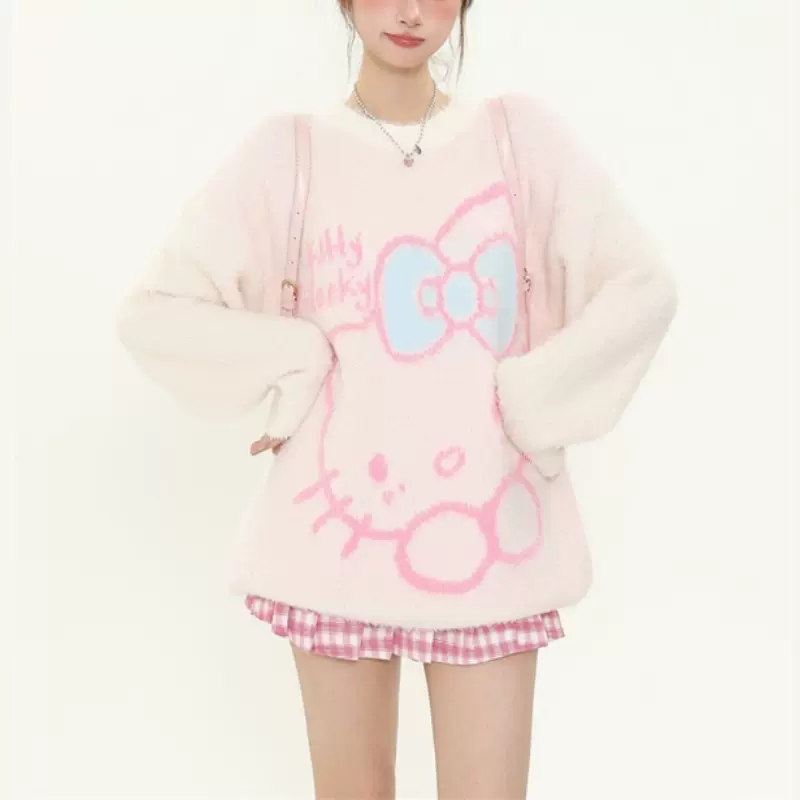 甜美可爱风HelloKitty凯蒂猫软糯针织衫女慵懒秋冬宽松水貂绒毛衣