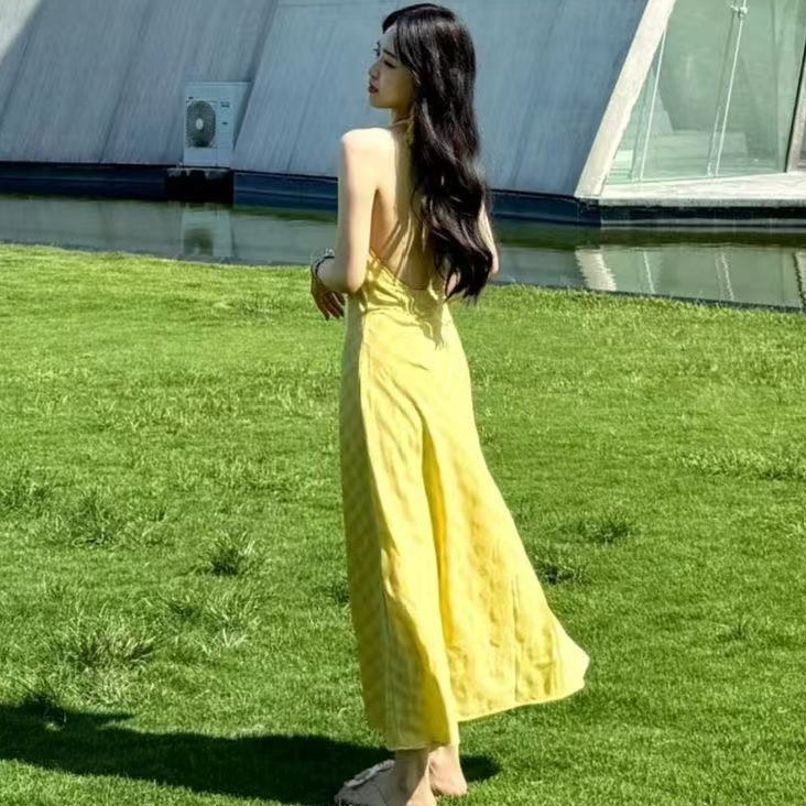 黄色格子吊带连衣裙V领挂脖收腰长裙夏季辣妹设计感夏季新款显瘦|undefined