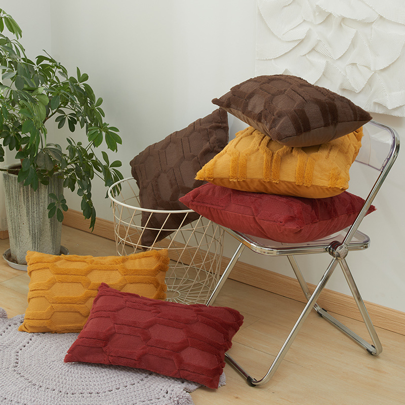 Cross-border geometric chain winter cushion cover solid color stereoscopic plush digital special embroidery sofa cushion cover two-in-one