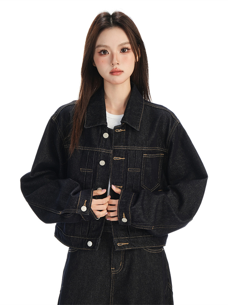 Black and Gold Lapel Single-Breasted Back Lace-Up Short Denim Jacket for Women Early Autumn New Anti-Fading Fashionable Simple Style