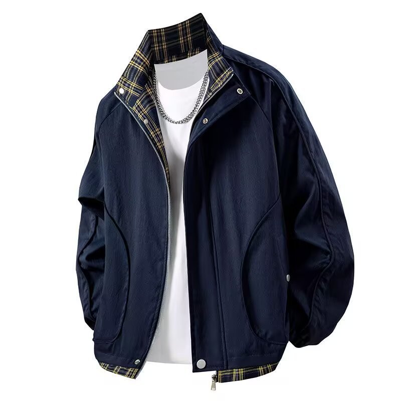 Outdoor-Sportjacke für Herren, kontrastierende karierte Patchwork-Arbeitsjacke mit Revers_voghion.com