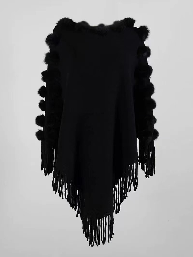 Cape à pompon en poils de lapin pour femme, pull à col rond_voghion.com