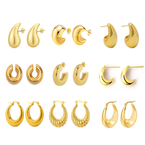 Amazon cross-border geometric high-end retro earrings French style C-shaped water drop hollow earrings stainless steel