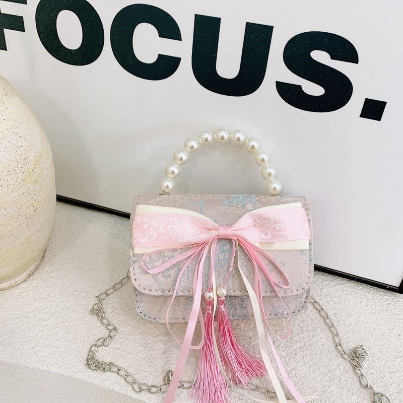 Bolsas de niños nuevas bolsas de mano de perlas de estilo nacional, bolsas de cadena de arco de bordilla princesa, bolsas de hombro de moda nacional de niñas lotes
