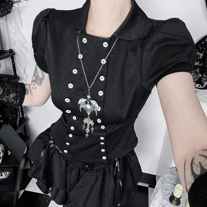 Xs26060 Spring New American Retro Shirt Top, Dark Gothic Style Y2K Short-Sleeved Shirt Xs26060 Spring New American Retro Shirt Top, Dark Gothic Style Y2K Short-Sleeved Shirt