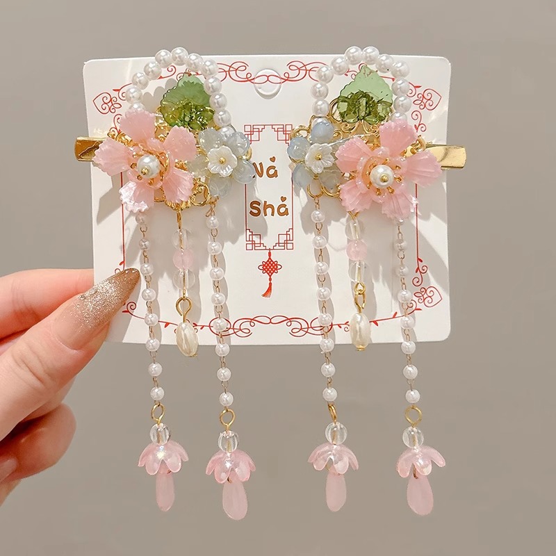 Niños flores de perlas para el cabello de mujeres estilo antiguo estilo Han toque de cabello de niña super inmortal estilo nacional tarjeta de cabello de niña pequeña para el cabello de clips