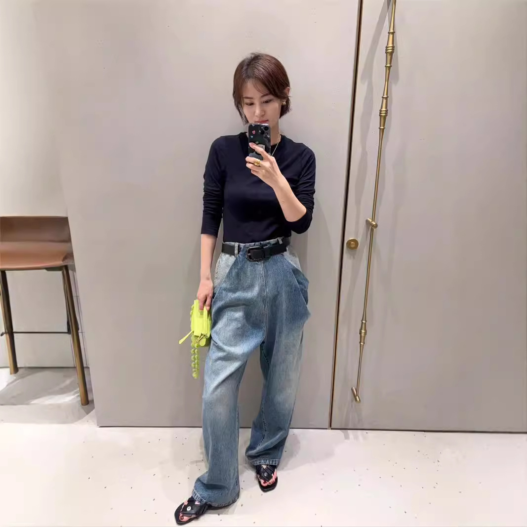 24 이른 가을 뉴 난유 하이 세트 로우 심플 레트로 블루 워시 고급 프론트 플리츠 하이 허리 데님 바지