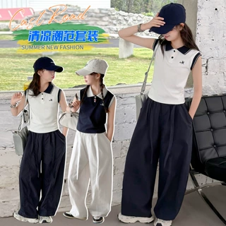 女童夏季套装2026新款无袖polo衫中大童儿童韩版休闲阔腿裤两件套