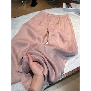 粉色细闪亚麻裤女2026新款夏季重工气质高级感宽松直筒休闲阔腿裤