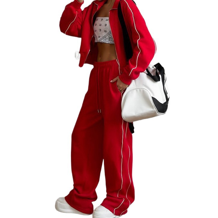 Cross-Border Casual Fashion European And American Style Women's Zipper Cardigan Jacket Sports Drawstring Pants_ecoleips.com