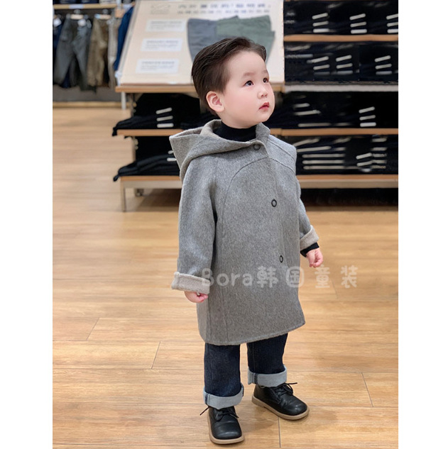 波拉bora韩国男女儿童长款毛呢大衣秋冬装中小宝宝保暖气质外套厚
