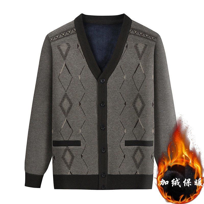 dad Cardigan sweater Long sleeve Sweater Add fertilizer enlarge men's wear grandpa thickening Plush coat spring and autumn