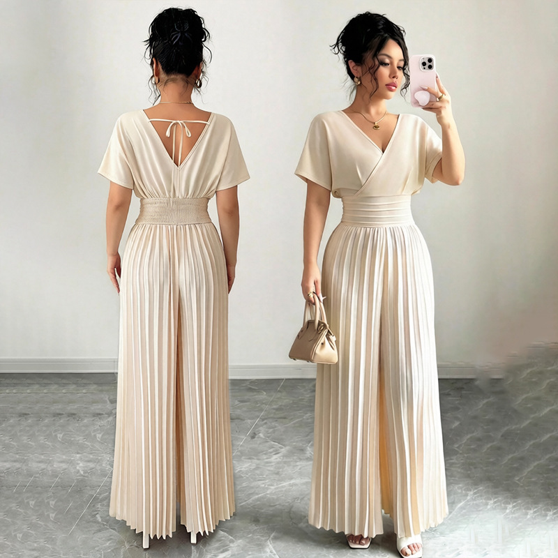 Foreign Trade Import and Export 2025 Commuter Style Fashionable and Elegant Solid Color V-Neck Short-Sleeve Waist-Cinching Pleated Jumpsuit for Women