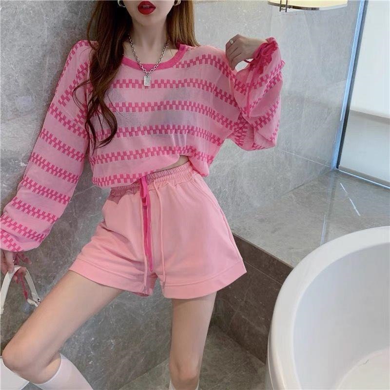 Women's Short Top, Summer Thin Loose New Long-Sleeved Cover-Up with Tie, Striped Ice Silk Knit Sunscreen T-Shirt, Trendy