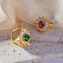 时尚跨境热销太阳花镶锆石几何指环欧美轻奢铜镀18K真金饰品戒指