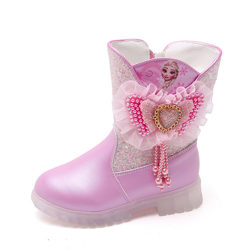 Children's Leather Boots Pink Barbie Princess Girls' Sparkling Bowknot Beaded Warm High-Cuffed Cotton Boots Direct Manufacturer Supply