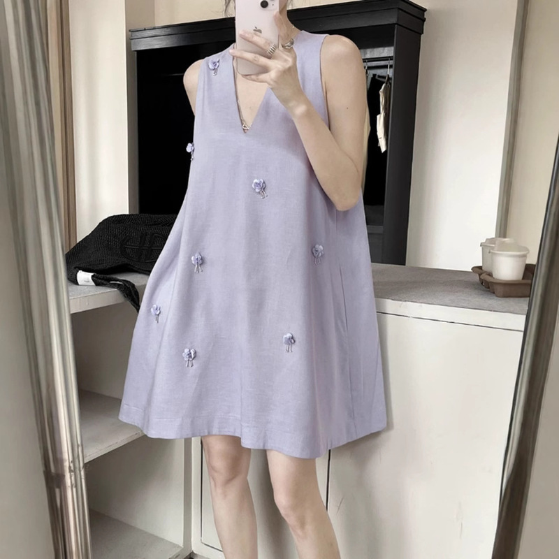 Tencel Linen Heavy Industry Stereo Flowers Accessible Luxury Handmade Stereo Petals Beaded Purple Dress French Style Vest Dress Tencel Linen Heavy Industry Stereo Flowers Accessible Luxury Handmade Stereo Petals Beaded Purple Dress French Style Vest Dress