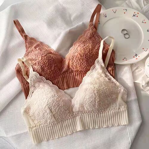 French Nude Sensual Lace Triangle Cup Bra for Women Thin Small Chest Gathered No Wire Invisible Girl Bra