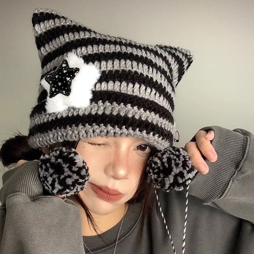 Abby Wind Cat Ear Hat for Girls, Autumn and Winter Y2K Striped Knitted Hat, Korean Style Cute and Warm Beanie