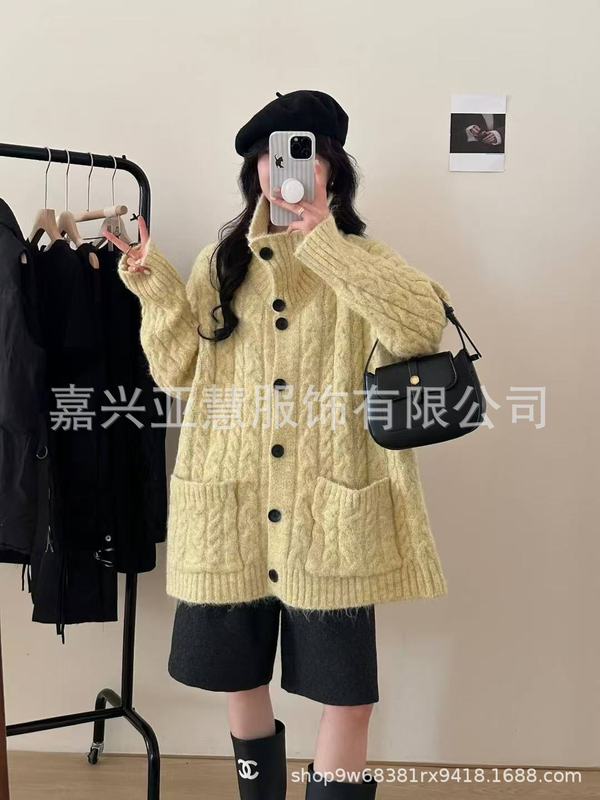 爆款粗线加厚毛衣外套宽松慵懒风麻花上衣针织开衫女可加狐狸毛毛|undefined