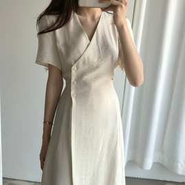 韩国chic复古气质桔梗裙收腰显瘦2021夏季新款小个子中长款连衣裙