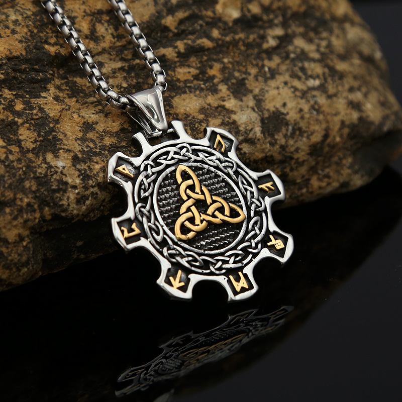 Double sided stainless steel necklace for men's jewelry accessories, non fading triangular teeth rune neck chain pendant_voghion.com
