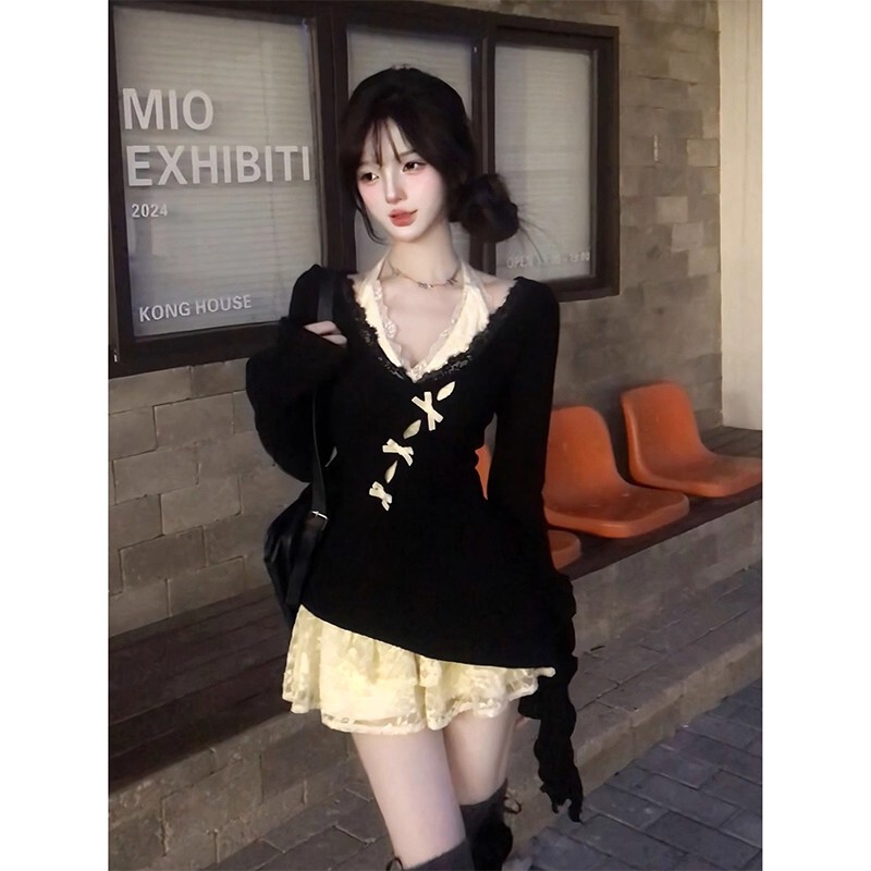 甜辣妹不规则蝴蝶镂空罩衫挂脖蕾丝连衣裙女春秋叠穿漂亮两件套装|undefined