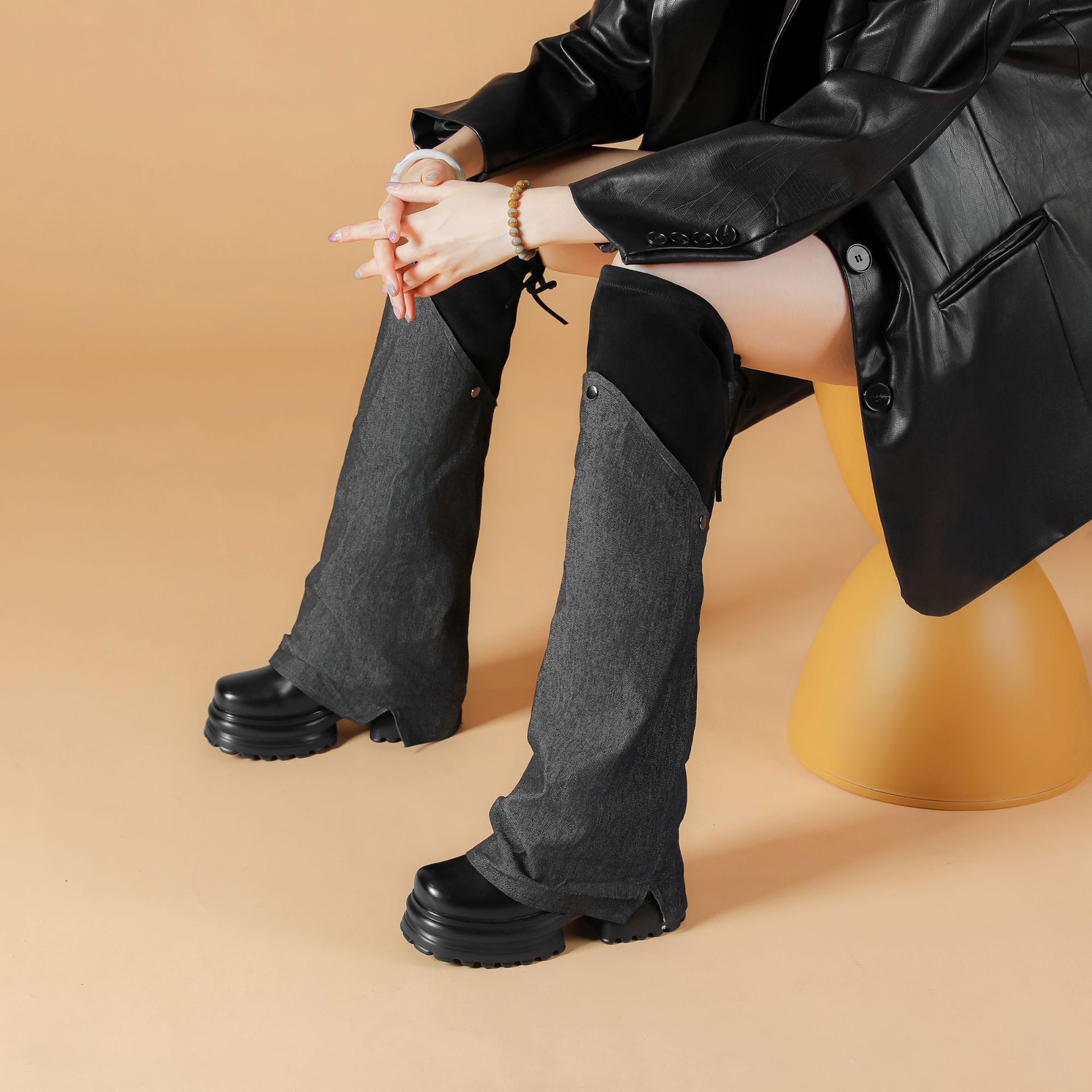 Boot nữ cổ cao ôm bắp chân chất jean phong cách miền Tây, gót 10 cm — Nhung đen jean chi tiết 1