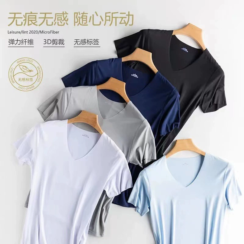 Летние тонкие ледяные шелковые короткие рукава мужские летние дышащие удобные быстрые сухие V-образные мужские футболки