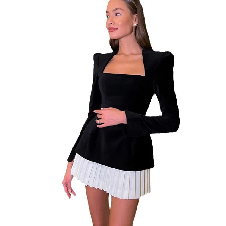 2024新型速売通ファッション個性長袖色合わせ百タック裾ミニスカートワンピースデート女装