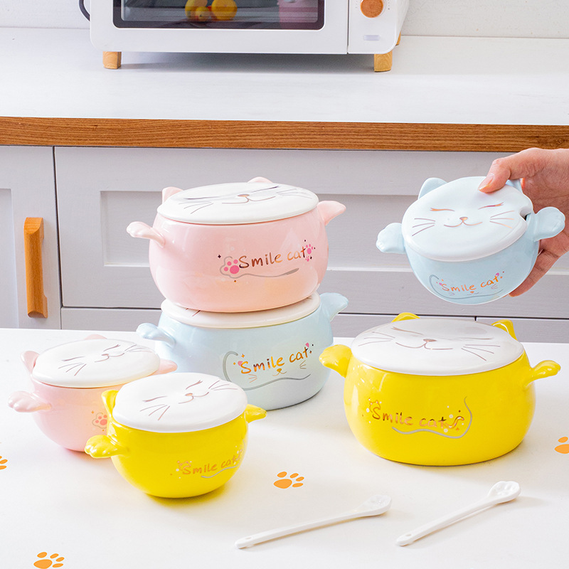 Estilo japonés gato simple tazón de fideos instantáneos vajilla tazón de arroz con tapa cuchara lindo tazón de sopa binaural de cerámica Esmalte de color para niños tazón