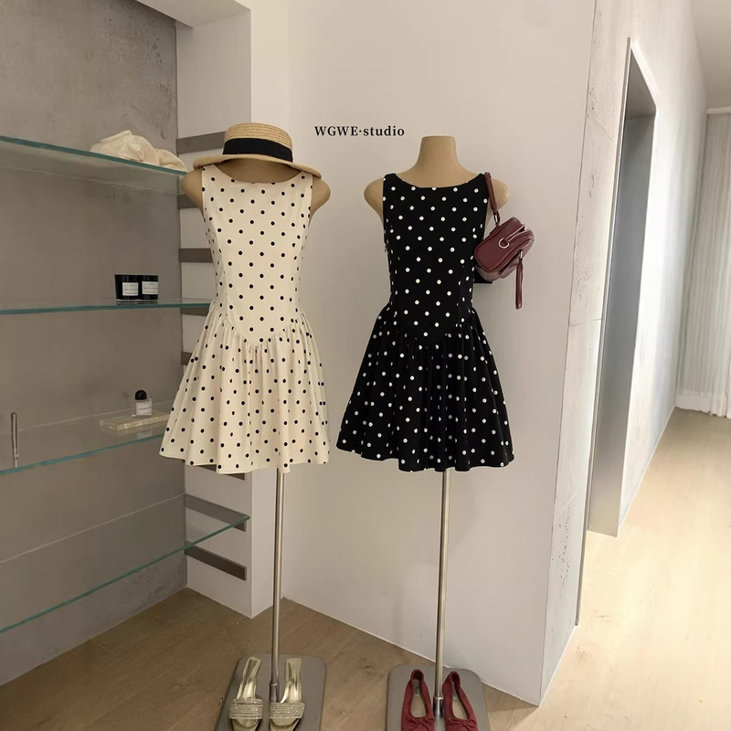 Wgwe9282 High-End French-Style Polka Dot Color-Blocked Bow-Decorated Sleeveless Dress A-Line Skirt Wgwe9282 High-End French-Style Polka Dot Color-Blocked Bow-Decorated Sleeveless Dress A-Line Skirt