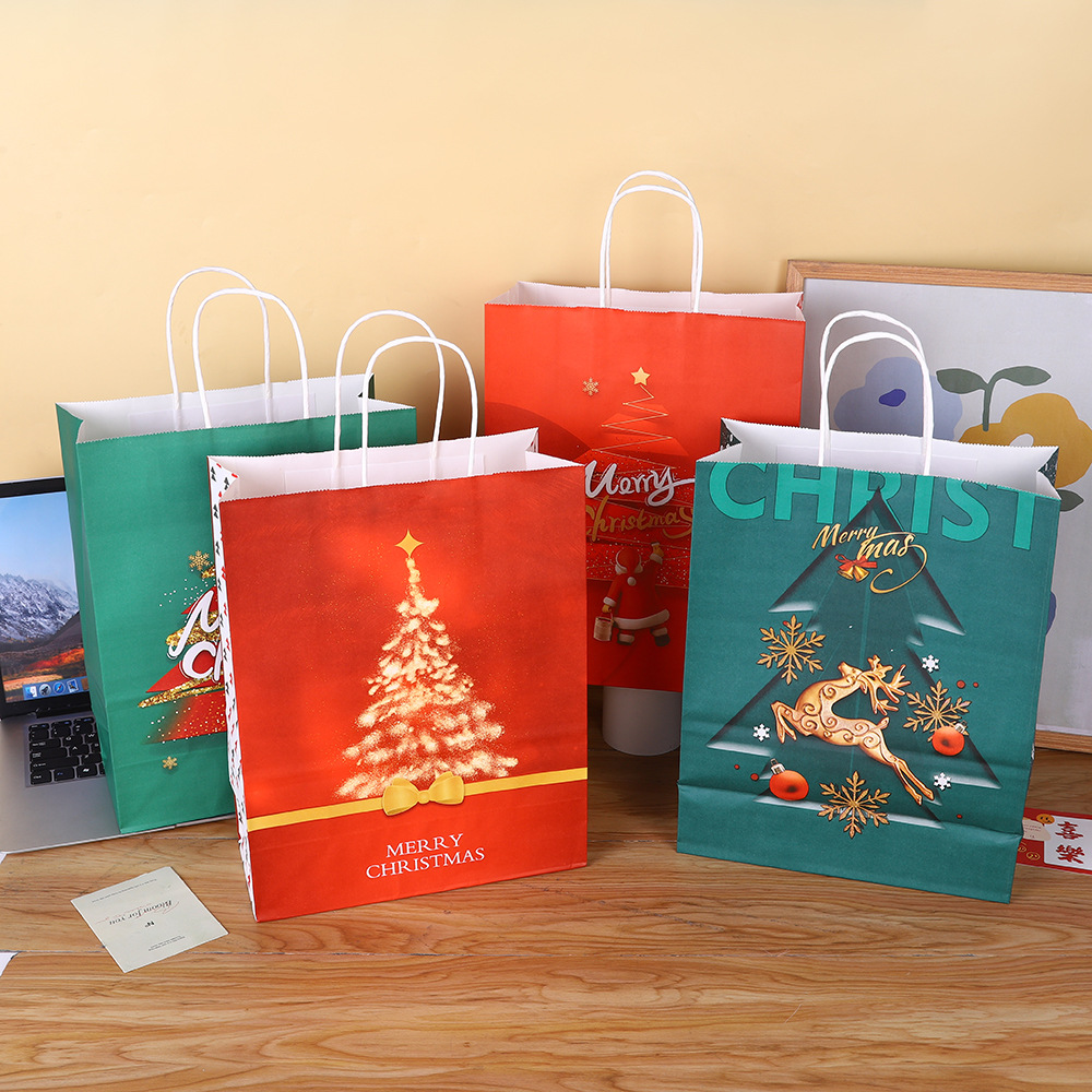 跨境圣诞节手提袋高级感牛皮纸礼品袋节日礼物卡通糖果包装袋批发