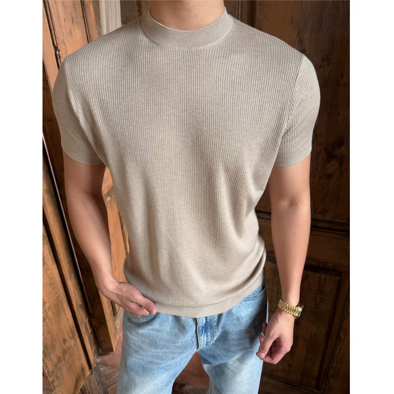 Camiseta de punto de manga corta camiseta textural hombre viejo estilo de hielo alto traje de verano de seda interior fábrica transfronteriza al por mayor