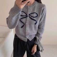 韩国东大门新款撞色甜美减龄蝴蝶结圆领提花毛衣针织衫开衫外套女