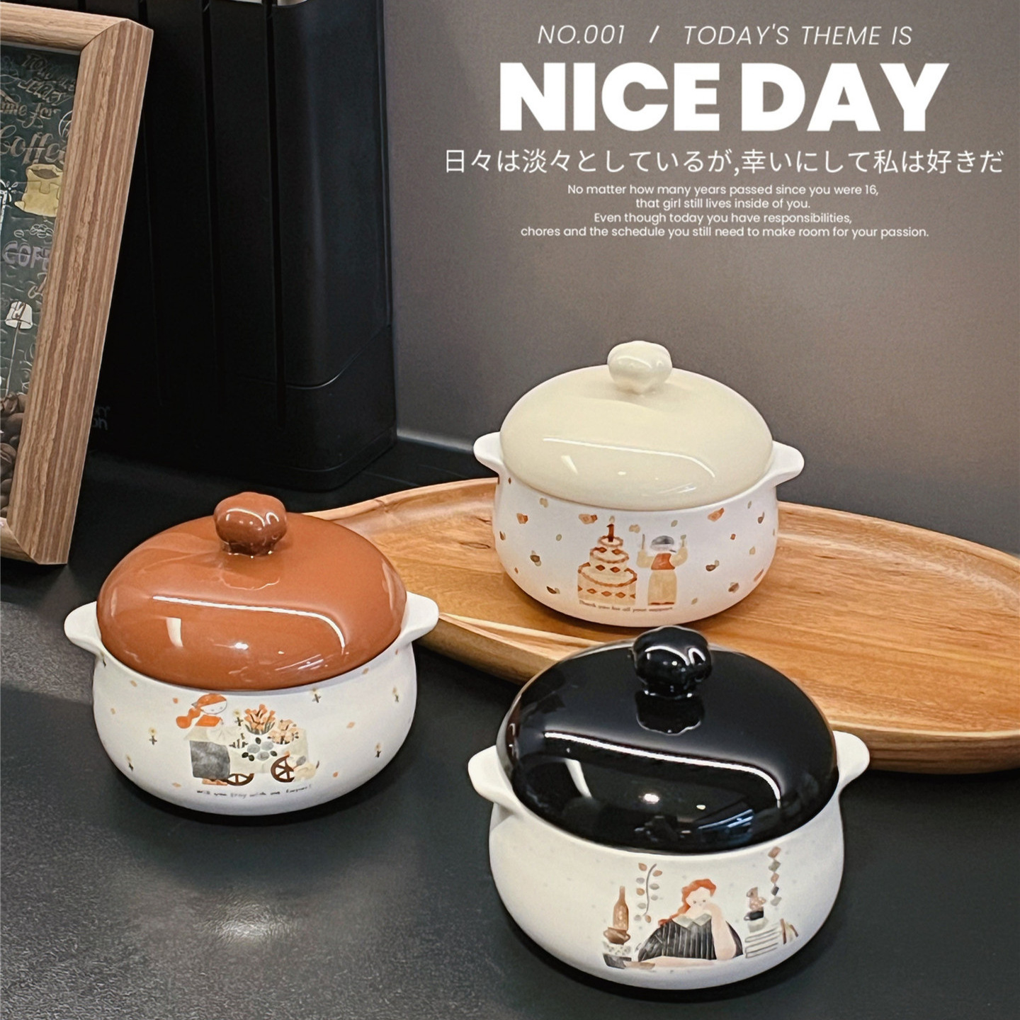 Shang En Steamed Egg Bowl, Cute Ceramic Stew Pot, Double-Handle Small Bowl with Lid, Food Supplement Bowl, Steamed Egg Custard Bowl, Dessert Baking Bowl