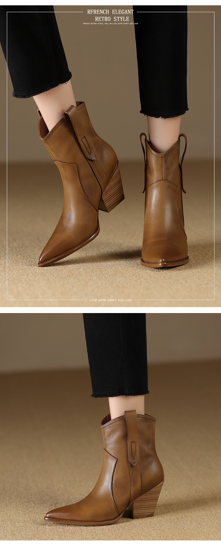 Boot Chelsea nữ cổ thun da bò gót 8 cm mũi nhọn màu kaki — Màu kaki chi tiết 5