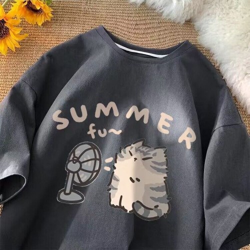 Pure cotton drop-shoulder summer new round neck short-sleeved t-shirt for women, Japanese cute cat print loose and versatile top