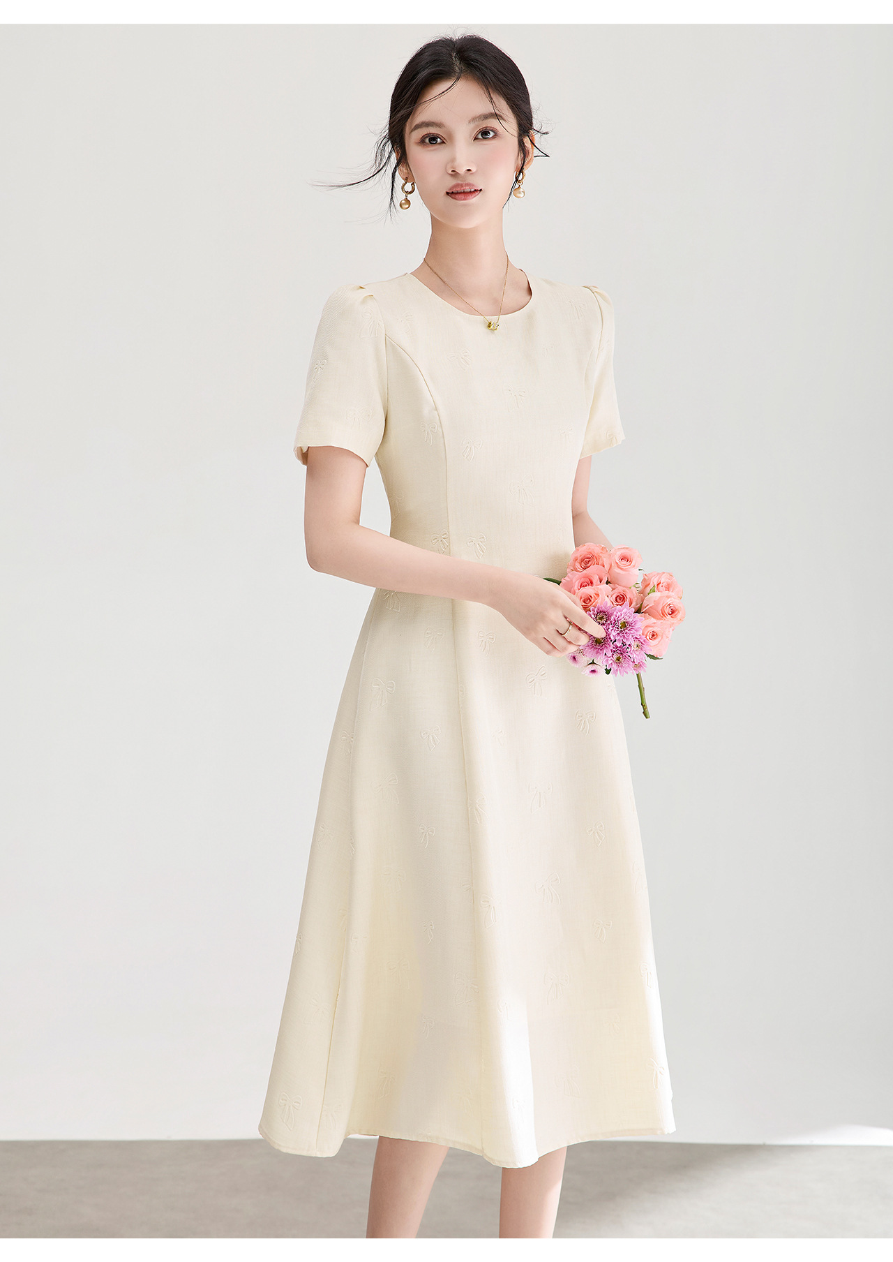 Đầm chữ A nữ cao eo họa tiết jacquard nơ — màu hồng chi tiết 19