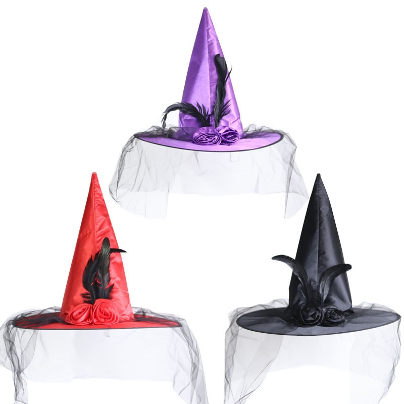 Sombreros de bruja de Halloween para niños, vestido de baile para adultos, sombreros de bruja de malla de rosas, suministros de fiesta, sombreros de bruja