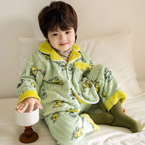 Children's flannel pajamas, autumn and winter boys' sets, mid-to-large size for boys and girls, coral fleece baby fleece-lined loungewear for boys.