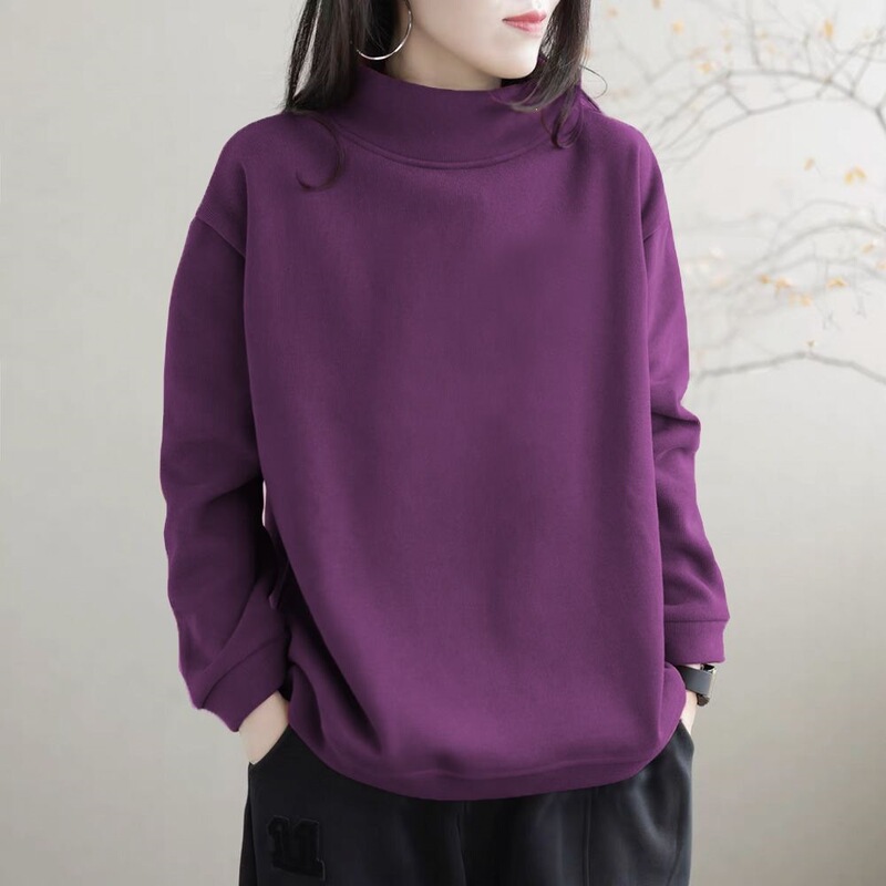 New Pure Cotton Spring and Autumn Base Shirt, Tummy-Covering High-Neck Long-Sleeve Plus-Size Fashion Sweatshirt, Loose Artistic Top for Women New Pure Cotton Spring and Autumn Base Shirt, Tummy-Covering High-Neck Long-Sleeve Plus-Size Fashion Sweatshirt, Loose Artistic Top for Women