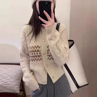 欧货高端100%羊毛针织开衫女秋冬新款提花设计感保暖加厚羊绒毛衣