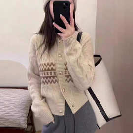 欧货高端100%羊毛针织开衫女秋冬新款提花设计感保暖加厚羊绒毛衣