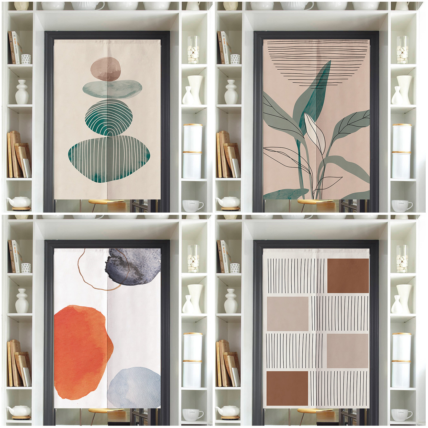 New Household Blocking Fabric Door Curtain Bathroom Bedroom Partition Curtain Abstract Painting Half Curtain Telescopic Rod Without Punching